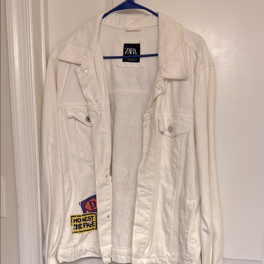 Zara Cream Denim Jacket with Bold Patches